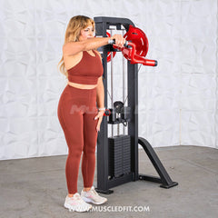 Muscle D Fitness Classic V2 Selectorized Standing Lateral Raise Machine with padded seat and adjustable arm supports.