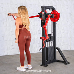 Muscle D Fitness Classic V2 Selectorized Standing Lateral Raise Machine with padded seat and adjustable handles for shoulder exercises