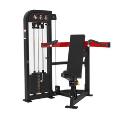 Muscle D Fitness Classic V2 Selectorized Shoulder Press machine with padded seat and adjustable weights for upper body strength training.