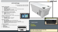 Lifetrend Snow Bird and Alta white exterior sauna units with cold plunge, outdoor sauna with black and white finishes.