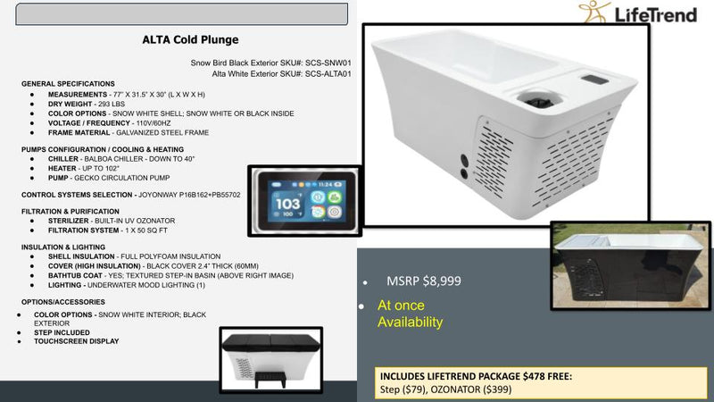 Lifetrend Snow Bird and Alta white exterior sauna units with cold plunge, outdoor sauna with black and white finishes.
