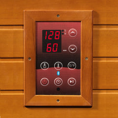 Golden Designs Inc. 4-person low EMF far infrared sauna control panel with digital interface and touch controls.