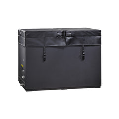 Front view of Golden Designs Inc. DCT-S-055-NS-34 Dynamic Cold Therapy Cuboid stainless steel cold plunge tub with cover.