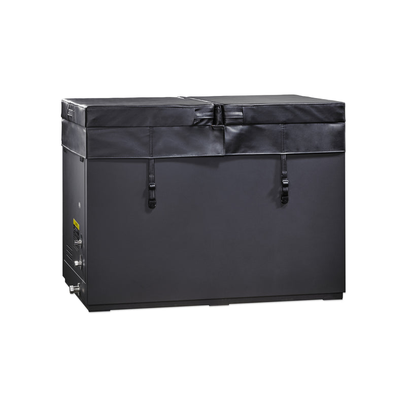 Front view of Golden Designs Inc. DCT-S-055-NS-34 Dynamic Cold Therapy Cuboid stainless steel cold plunge tub with cover.