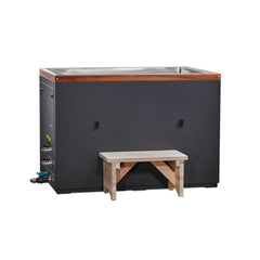 Golden Designs Inc. DCT-S-055-NS-34 cold plunge tub with step and valves, stainless steel, nano-coated, XL size for cold therapy.