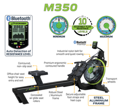 Front view of the Dynamic Fluid Fitness M350 Water Rower rowing machine with water tank and adjustable footrests.