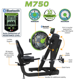 Dynamic Fluid Fitness M750 Fluid Cycle XT rowing machine in recumbent upright position, showing ergonomic seat and display console.