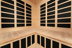 Zoppinh Blisspod Vienna corner infrared sauna with spacious interior and wooden exterior for relaxing heat therapy.