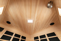 Zoppinh Blisspod Vienna corner spacious far infrared sauna with wooden interior and glass door, designed for home relaxation.