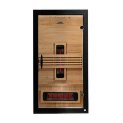 Full spectrum near zero EMF far infrared sauna by Golden Designs, featuring a sleek design for 1-2 persons.