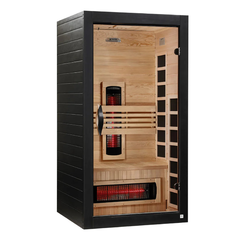 Black Dynamic Martin 1-2 Person Full Spectrum Sauna by Golden Designs with near zero EMF and Far IR heating, right side view.