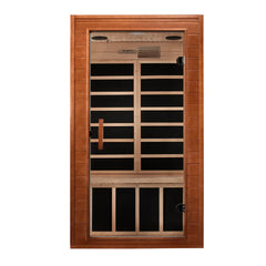 Golden Designs Elite Dynamic Avila 1-2 Person Ultra Low EMF FAR IR Sauna with wood interior and glass door.