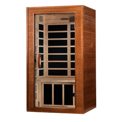 Golden Designs Elite Dynamic Avila sauna interior with two seats, showcasing wood panels and low EMF infrared heating elements.