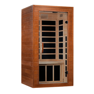 Golden Designs Inc. 1-2 person low EMF FAR IR sauna with wooden interior and digital control panel for home wellness.