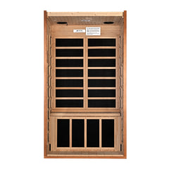 Golden Designs Inc. 1-2 person low EMF FAR IR sauna with spacious interior and glass door, designed for home relaxation.
