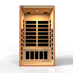 Golden Designs Elite Avila 1-2 person ultra low EMF FAR IR sauna with wooden interior and control panel.