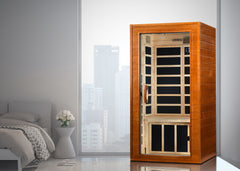 Golden Designs Inc. DYN-6103-01 low EMF FAR infrared sauna for 1-2 persons with wooden interior and digital control panel.