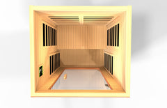 Golden Designs Inc. DYN-6103-01 1-2 Person Low EMF FAR IR Sauna with wooden interior and control panel.