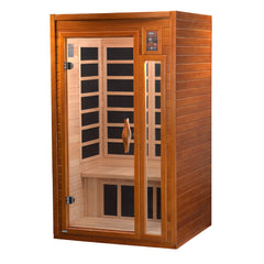 Golden Designs Inc. 1-2 person low EMF FAR IR sauna with wooden interior and glass door for relaxing infrared therapy sessions.
