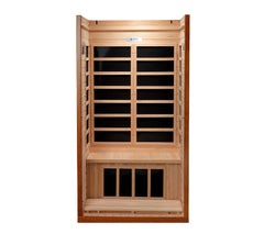 Golden Designs Inc. 1-2 person low EMF far infrared sauna with glass doors and wooden interior for home wellness.