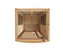 Golden Designs Inc. low EMF FAR IR sauna for 1-2 persons with glass door and interior seating, designed for relaxing infrared therapy.