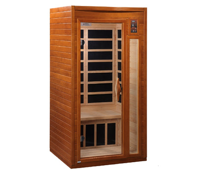 Golden Designs Inc. 1-2 person low EMF FAR IR sauna interior with wooden benches and infrared heating panels.
