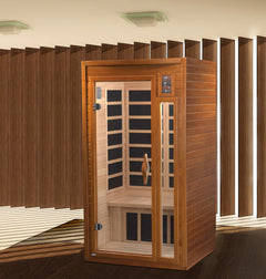Golden Designs Elite Barcelona Elite sauna with 1-2 person capacity, ultra low EMF far infrared heating, sleek wood interior.