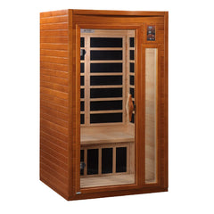 Golden Designs Barcelona Elite 1-2 person infrared sauna with low EMF far IR therapy, showcasing the compact wooden interior.