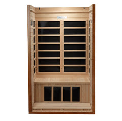 Golden Designs Elite Barcelona Elite 1-2 Person Ultra Low EMF Far IR Sauna with wooden interior and digital control panel.
