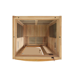 Golden Designs Elite Barcelona Ultra Low EMF Far IR Sauna for 1-2 persons, featuring sleek wooden interior and glass door.