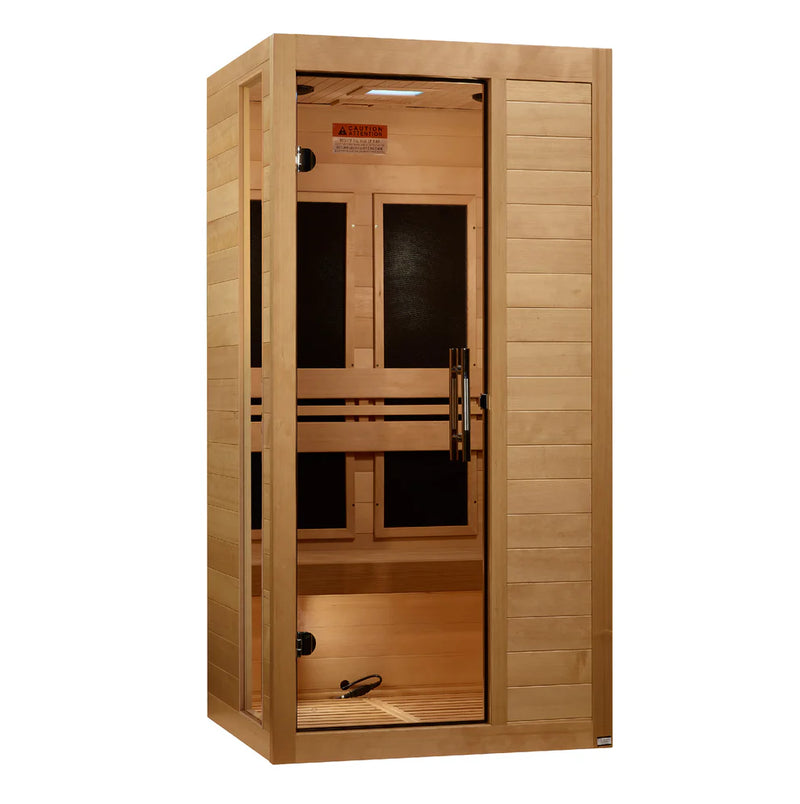 Golden Designs Elite Dynamic Reserve Edition 3-person sauna with near zero EMF full spectrum lighting and Himalayan salt bar.