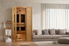 Golden Designs Elite Dynamic Reserve Edition 3-person near zero EMF full spectrum sauna with Himalayan salt bar, shown in the image.