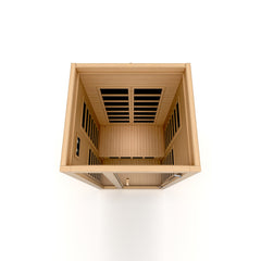 Interior view of the DYN-6119-01 Golden Designs low EMF FAR IR sauna for 1-2 persons, showing wooden benches and infrared panels.