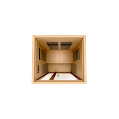 Interior view of the Golden Designs DYN-6119-01 1-2 person low EMF far infrared sauna showing wooden benches and infrared panels inside