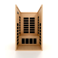 Interior view of Golden Designs DYN-6119-01 low EMF far infrared sauna for 1-2 persons with wooden benches and control panel.