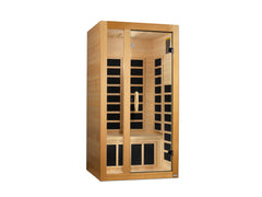 Low EMF FAR IR sauna by Golden Designs Inc, designed for 1-2 persons, featuring a compact wooden interior and modern control panel.