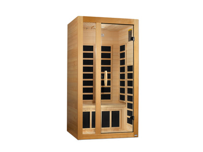 Low EMF FAR IR sauna by Golden Designs Inc, designed for 1-2 persons, featuring a compact wooden interior and modern control panel.