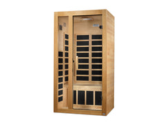 Low EMF FAR IR sauna by Golden Designs Inc, designed for 1-2 persons, featuring a compact wooden interior and infrared heating panels.