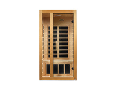 Low EMF FAR infrared sauna by Golden Designs Inc, designed for 1-2 people, featuring a compact wooden interior with control panel.