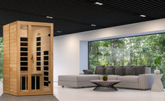 Low EMF far infrared sauna by Golden Designs Inc, designed for 1-2 persons, shown in the product image.