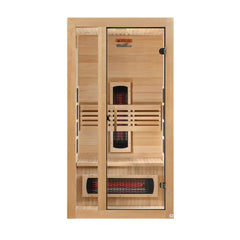 Golden Designs Dynamic Gracia 1-2 person full spectrum near zero EMF FAR IR sauna, interior view with seating and control panel