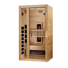 Golden Designs Dynamic Gracia 1-2 person full spectrum near zero EMF FAR IR sauna, front view showing wood interior and door.