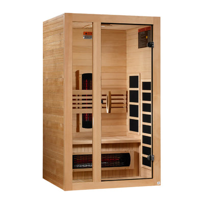 Golden Designs Dynamic Gracia 1-2 person full spectrum near zero EMF FAR IR sauna, shown from the right side.
