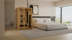 Golden Designs Full Spectrum Near Zero EMF FAR IR Sauna model DYN-6119-03 in a bedroom setting, showcasing the sauna with wooden interior.