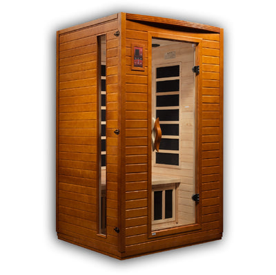 Golden Designs Inc. 1-2 person low EMF far infrared sauna with glass door and wooden interior, designed for home relaxation.