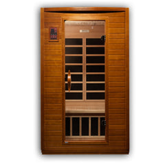 Golden Designs Inc. 1-2 person low EMF FAR IR sauna interior with wooden benches and infrared panels in a modern sauna room.