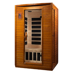 Golden Designs Inc. 1-2 person low EMF far infrared sauna with wooden interior and glass door, designed for relaxing heat therapy.
