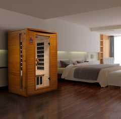 Golden Designs Elite Versailles 2 Person Ultra Low EMF Far Infrared Sauna with glass door and wooden interior.
