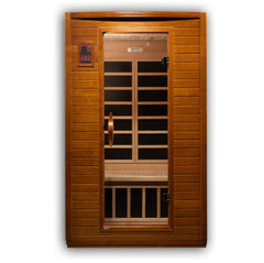 Golden Designs Elite Versailles 2-person ultra low EMF far IR sauna with glass door and wooden interior.