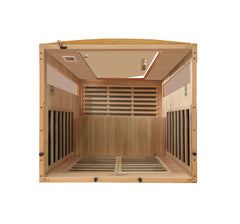 Golden Designs Elite Versailles 2-Person Ultra Low EMF Far IR Sauna with glass door and wooden interior.